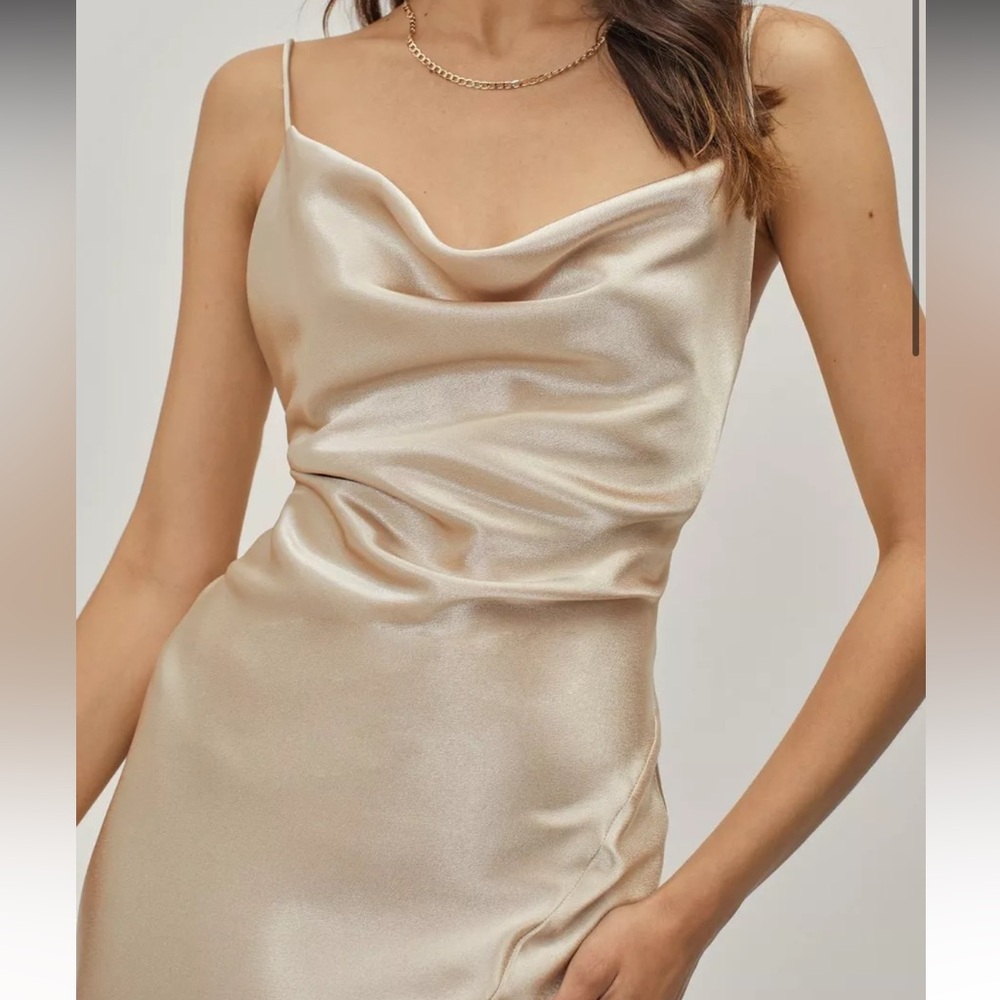 Satin cowl neck maxi dress with slit. Champagne.